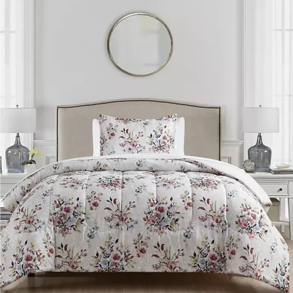 NWT Elegant Full / Queen Floral Comforter Set - White and Pink